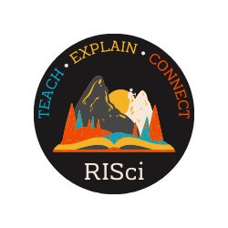 A logo for RISci with the words Teach, Explain, and Connect. A books opens to show it contains a person scaling a mountain with trees surround it and the sun rising behind.